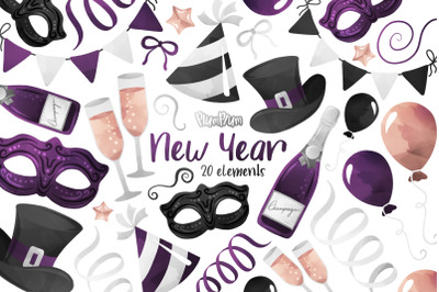 New Year Watercolor Cliparts