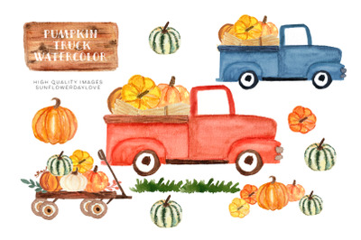 Watercolor Red Truck with Pumpkins, Harvest Trucks, Thanksgiving