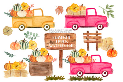 Pink Vintage Trucks clipart, Pumpkin Watercolor fall clipart, vintage