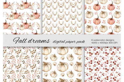 Fall dreams digital papers. Set of 6 seamless patterns with pumpkins