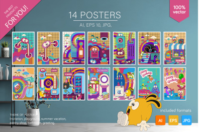 14 posters with cartoon characters + 4 seamless patterns