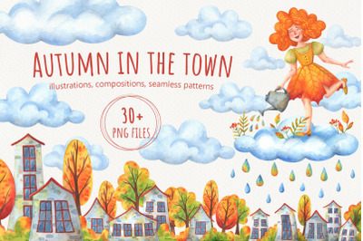 Autumn in the town. Watercolor collection.