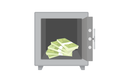 Stack money cash in metal safe. Vector safebox with stack