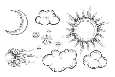 Sun moon comet stars and clouds in vintage engraving style