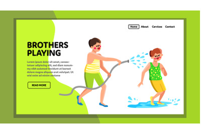 Brothers Playing And Watering Garden Hose Vector