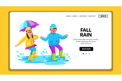 Fall Rain Season Kids Jumping In Puddle Vector