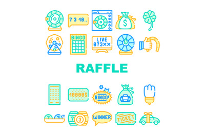 Raffle Lottery Game Collection Icons Set Vector