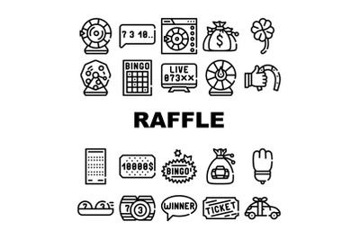 Raffle Lottery Game Collection Icons Set Vector