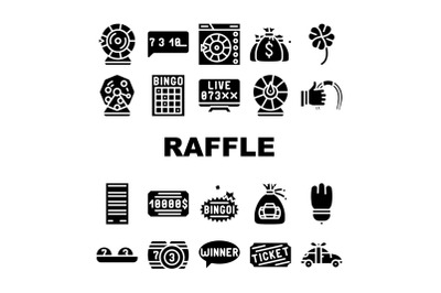 Raffle Lottery Game Collection Icons Set Vector