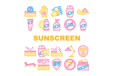 Sunscreen Protection Collection Icons Set isolated illustration