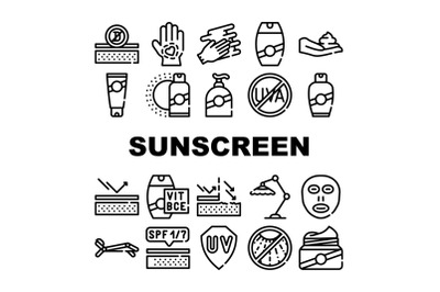 Sunscreen Protection Collection Icons Set isolated illustration