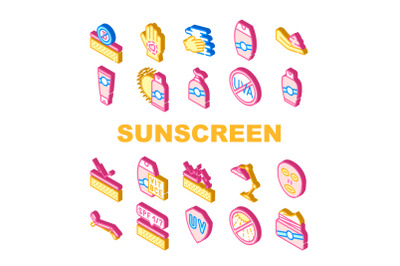 Sunscreen Protection Collection Icons Set isolated illustration