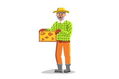 Beekeeping Worker Man Holding Honeycomb Vector