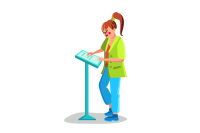 Woman Use Self-service Kiosk Digital Device Vector