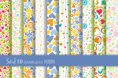 Set of 10 seamless pattern in floral
