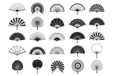 Handheld fan. Black silhouettes of chinese&2C; japanese paper folding han