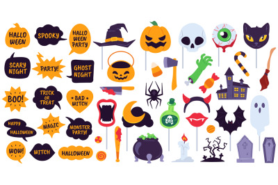 Halloween props. Holiday accessories speech bubbles with phrases, pump