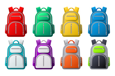 Color sport backpack mockup. Different colored backpacks, bags for tra