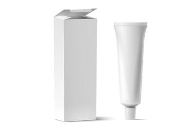 Realistic tube with box mockup. White plastic tuba for toothpaste or c