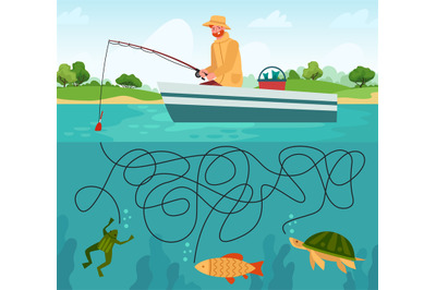 Fishing maze game. Funny fisherman with fishing rod in boat and fishes