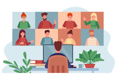 Virtual meeting. Man chatting with group people, online meetings remot