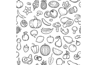 Vegetables and fruits. Hand drawn contour fruit and vegetable icons, v