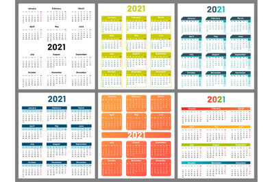 Calendar 2021 collection design. Year planner calendar office