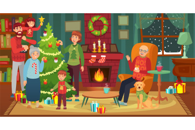 Happy family decorating christmas tree. Vector happy xmas