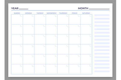 Monthly planner template. Vector month and week plan