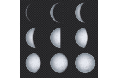 Realistic moon phases. Lunar phase, full luna and new crescent with ni