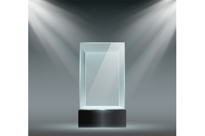 Glass showcase. Transparent plastic cube, empty product or museum disp