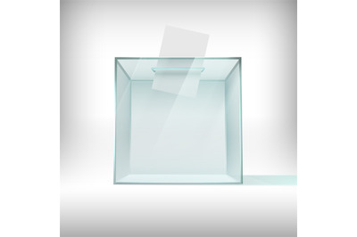 Ballot box. Glass transparent voting container with falling ballot pap