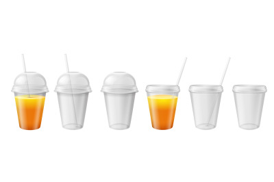 Transparent plastic cup. Takeaway disposable mug with lid and straw. J