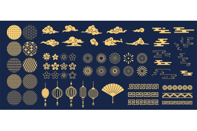 Chinese elements. Asian new year gold decorative patterns and lanterns