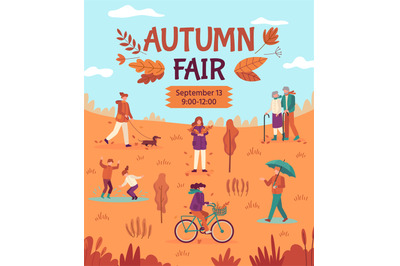 Autumn fair. People enjoying public park, fall festival arts, crafts a