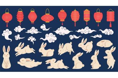 Mid autumn rabbits. Chinese and vietnamese traditional festival elemen