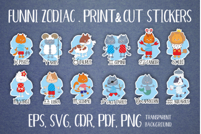 Zodiac with funny cats. Stickers set.