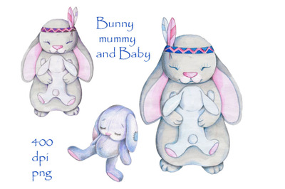 Bunny Mummy and Baby. Watercolor illustration.