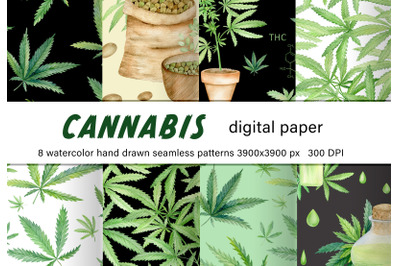 Cannabis watercolor digital paper. Marijuana seamless pattern.