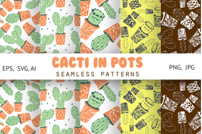 Cacti with funny kawaii faces. Seamless patterns