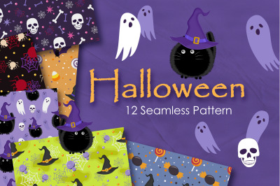 Halloween Witch Cat and Ghost Seamless Pattern