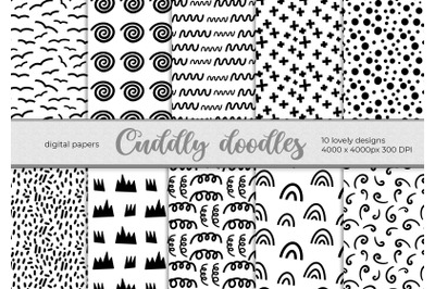 Digital papers black and white, set of 10 patterns. Doodle art design