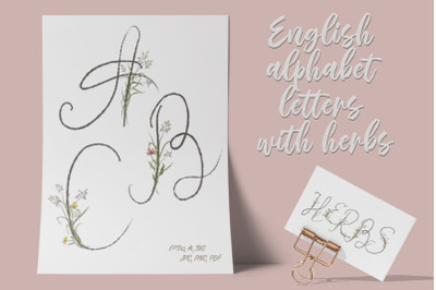 English alphabet letters with field herbs.