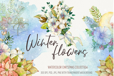Winter flowers. Watercolor Christmas set
