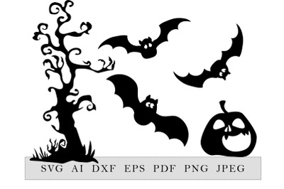 Halloween decor collection, scary tree, 3 bats, pumpkin