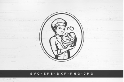 Woman baker holding a basket of bread.  SVG, PNG, DXF, Eps, Jpeg / Cut