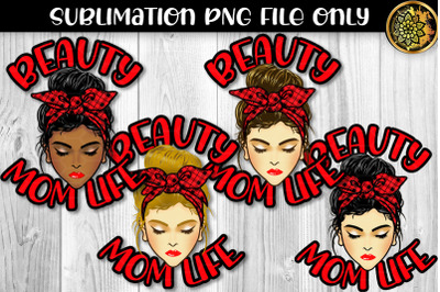 Red Plaid Bandana Messy Bun Momlife Sublimation PNG