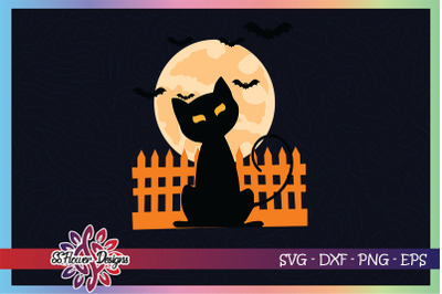 Cat halloween with bat &amp;amp; moon background