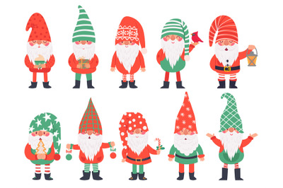 Christmas dwarfs. Funny fabulous gnomes in red costumes&2C; xmas gnome wi