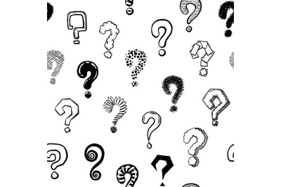 Question mark seamless pattern. Hand drawn monochrome question marks o